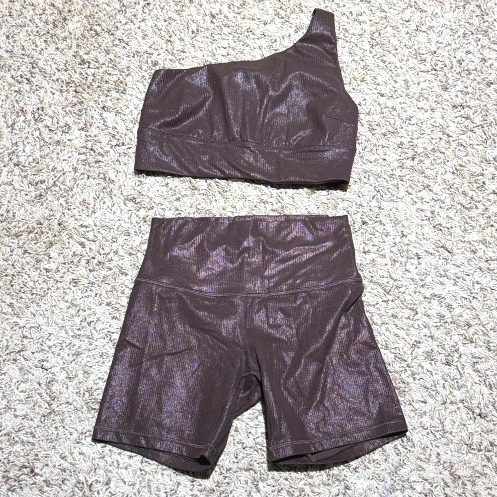 Lululemon Ribbed Foil One Shoulder Bra 10 & 6" Shorts 8 Set Espresso Brown